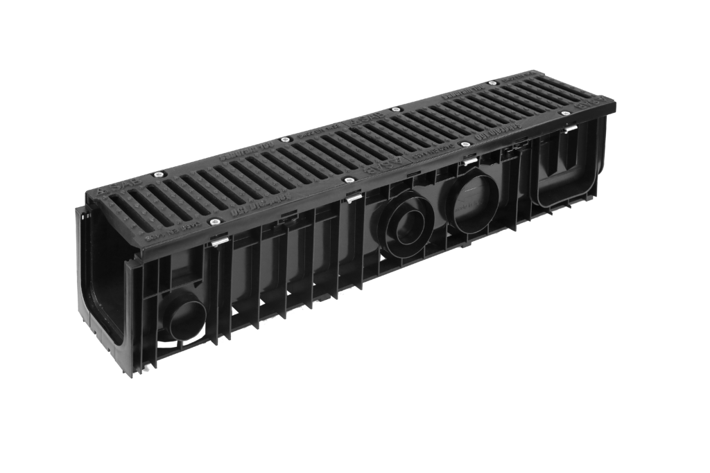 A polypropylene channel with Class D cast iron grate. Designed for highways & roads subject to fast moving heavy commercial vehicles. Eight point lockdown security fixing & anti-slip nodules.