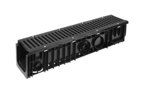 A polypropylene channel with Class D cast iron grate. Designed for highways & roads subject to fast moving heavy commercial vehicles. Eight point lockdown security fixing & anti-slip nodules.